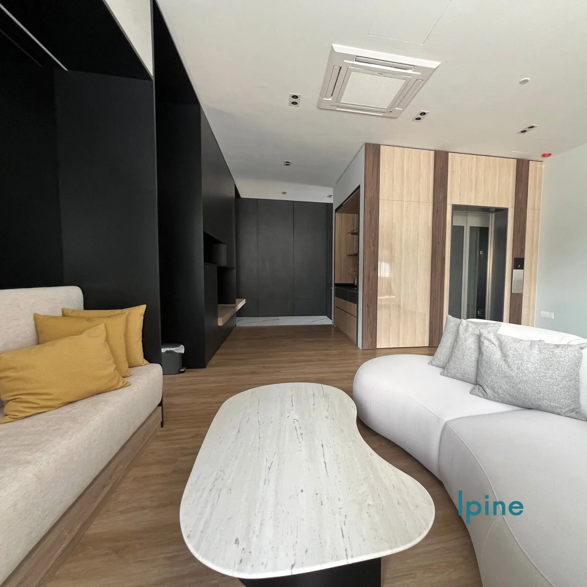 Living area with custom joinery